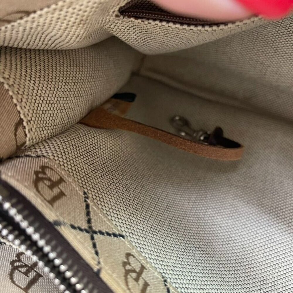 Numbered Dooney & Bourke Beige Logo Tote Bag With Brown Leather Straps and Trim - Picture 8 of 13
